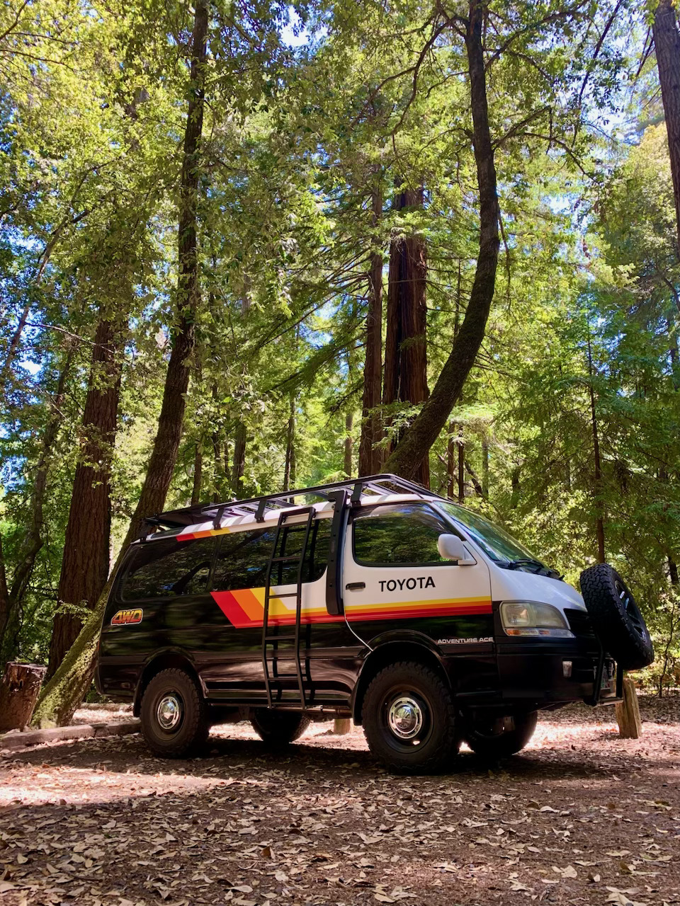 Adventure Ace van parked in the redwoods