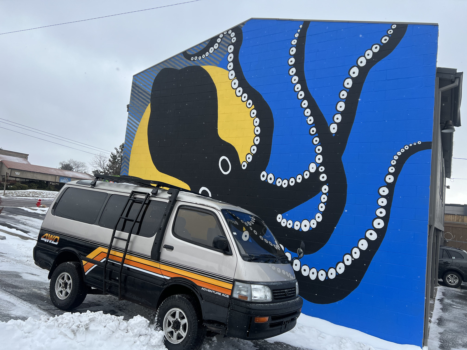 Adventure Ace van in the snow with mural