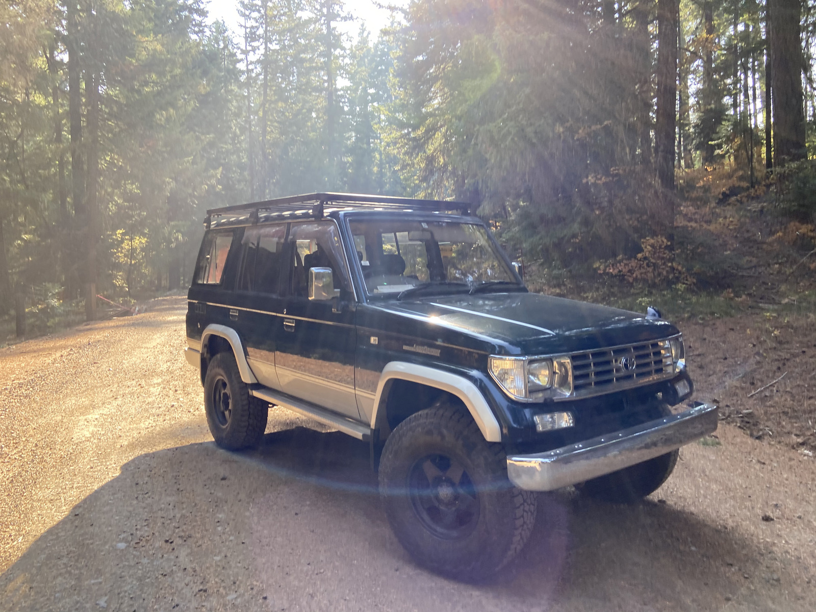 Dark green Prado Land Cruiser in the forest at sunrise